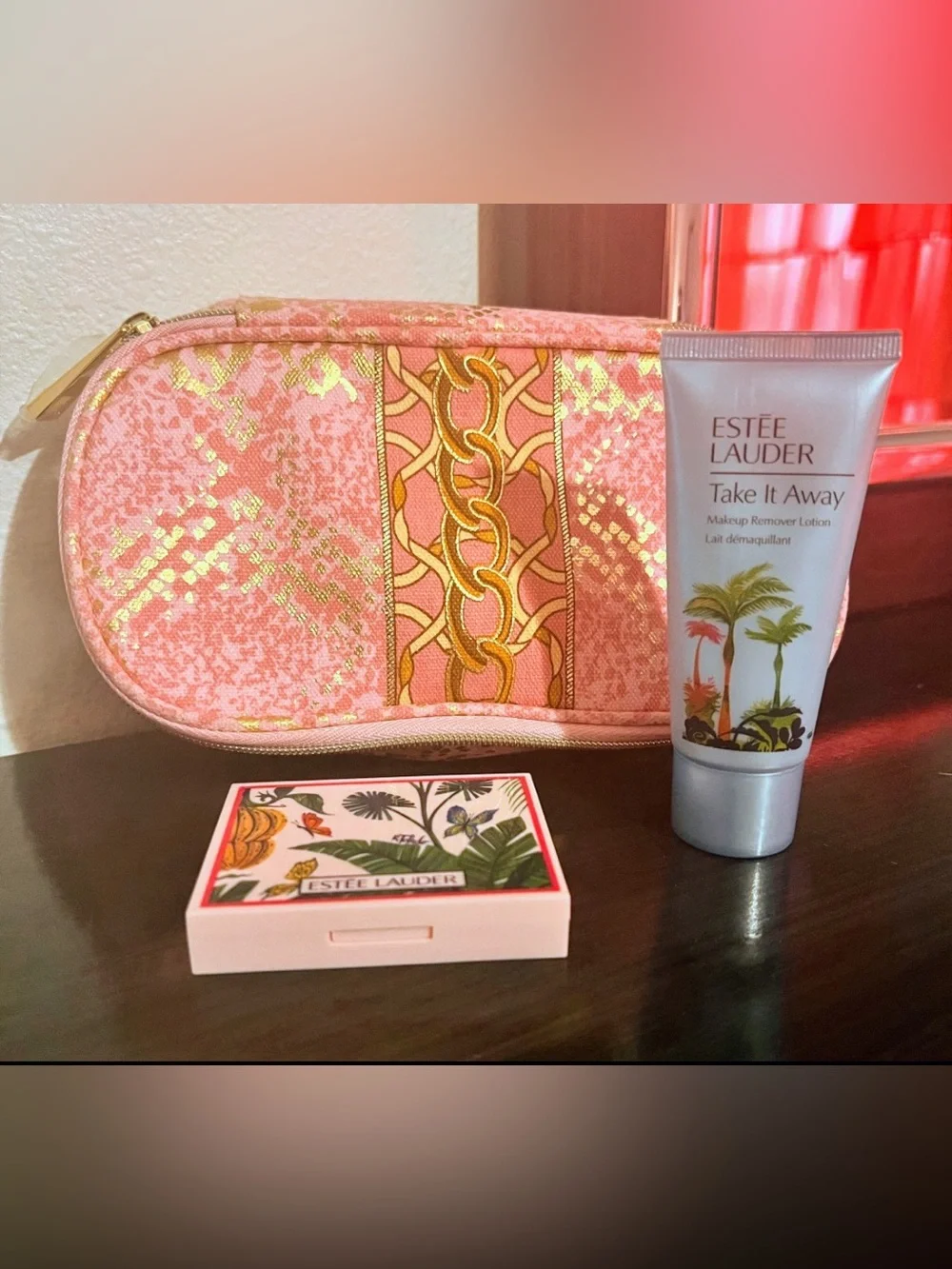 Estee Lauder Pink & Gold Chain-Accent Cosmetic Pouch